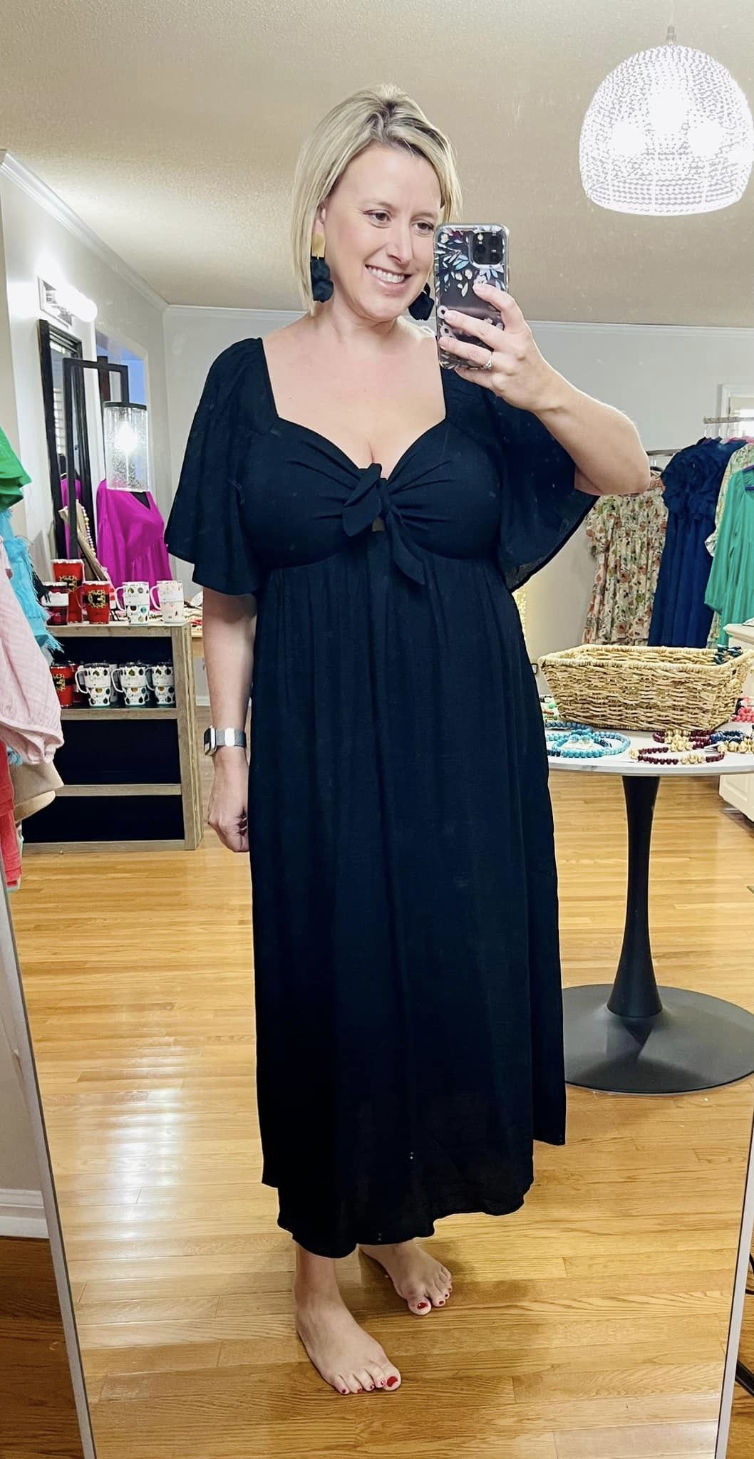 Front Bow Flare Sleeve dress- Black