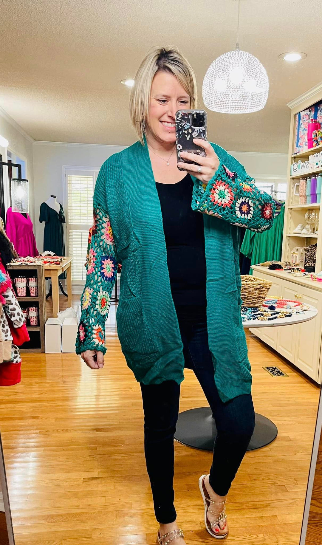 Crochet Sleeve Cardigan- Teal