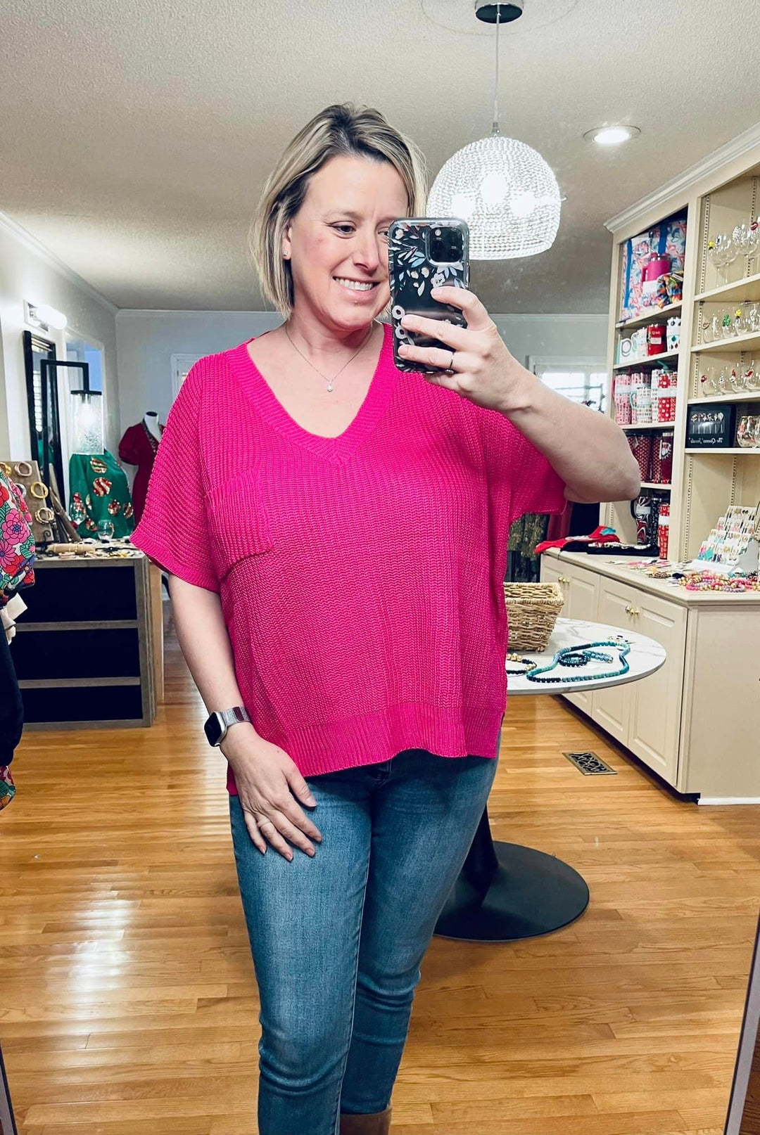 V neck ribbed short sleeve top- Hot Pink