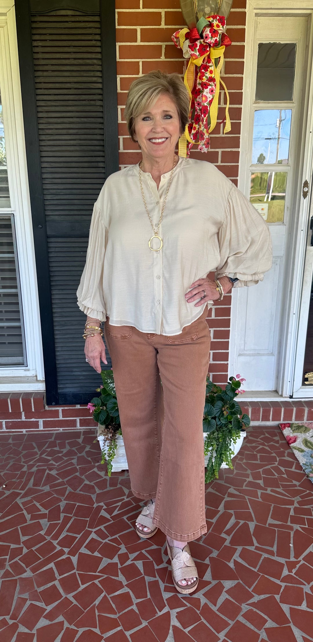 The Harper – Satin Button Front Blouse - Champagne