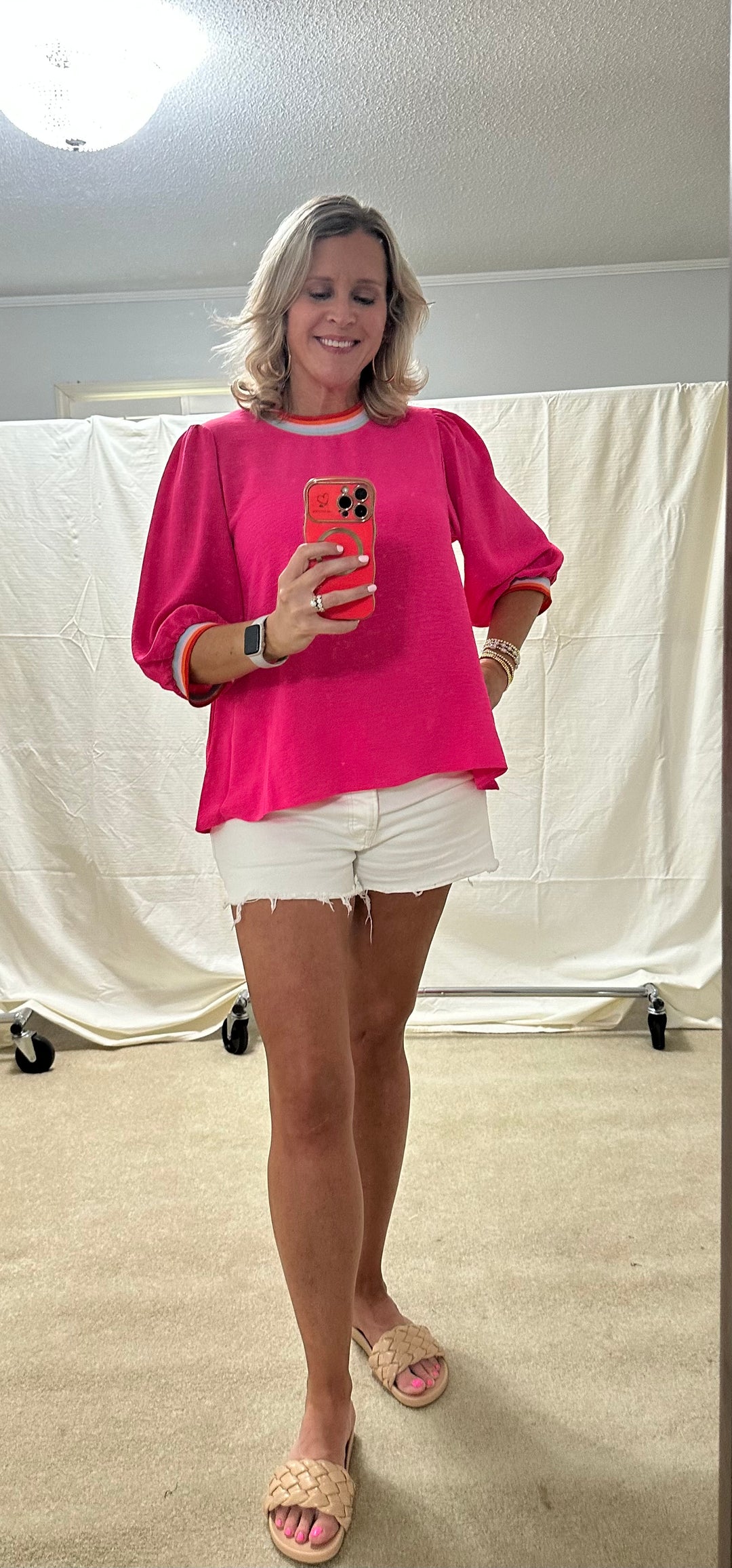 Rocking Rainbow Trim Top- Hot Pink