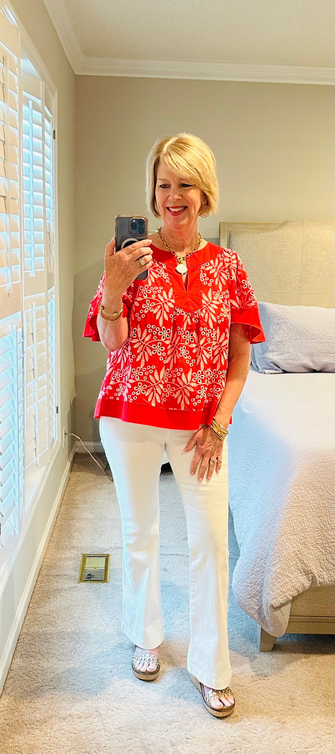 Floral Eyelet Split Neck Top