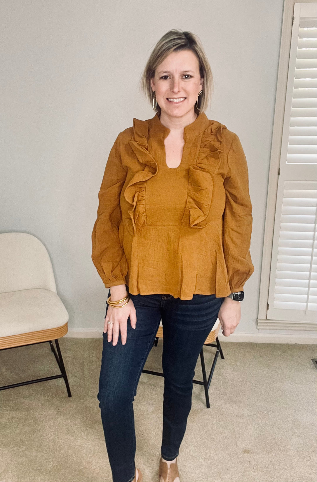 Ruffle Front Gauze Blouse- Camel