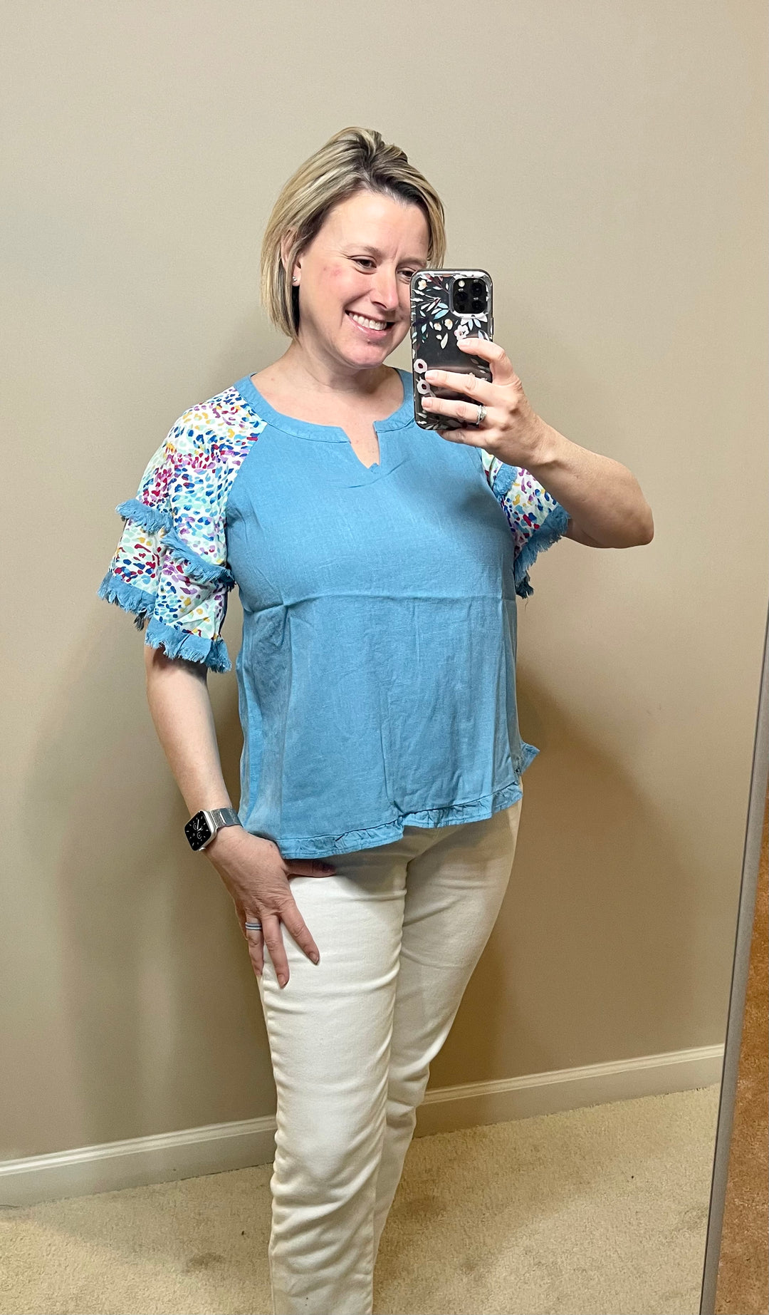 Multi color sleeve solid top-blue