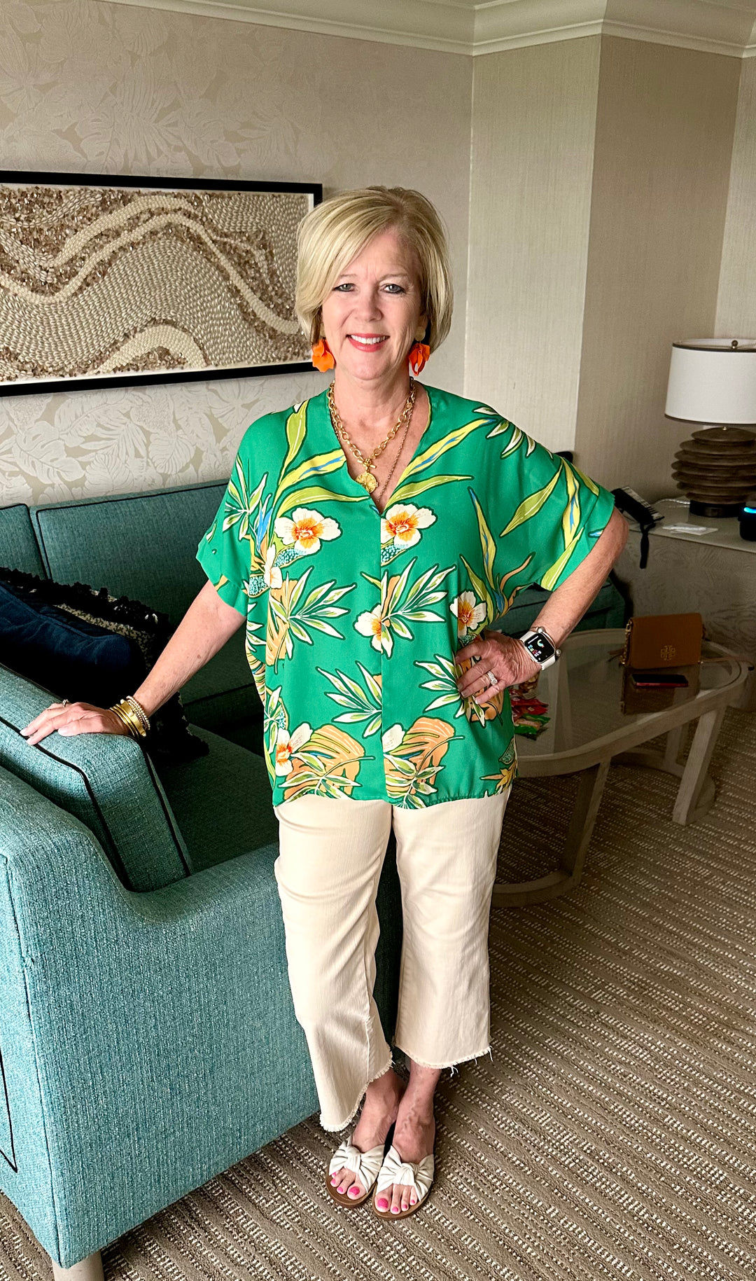 Green and Orange Tropical Print Top