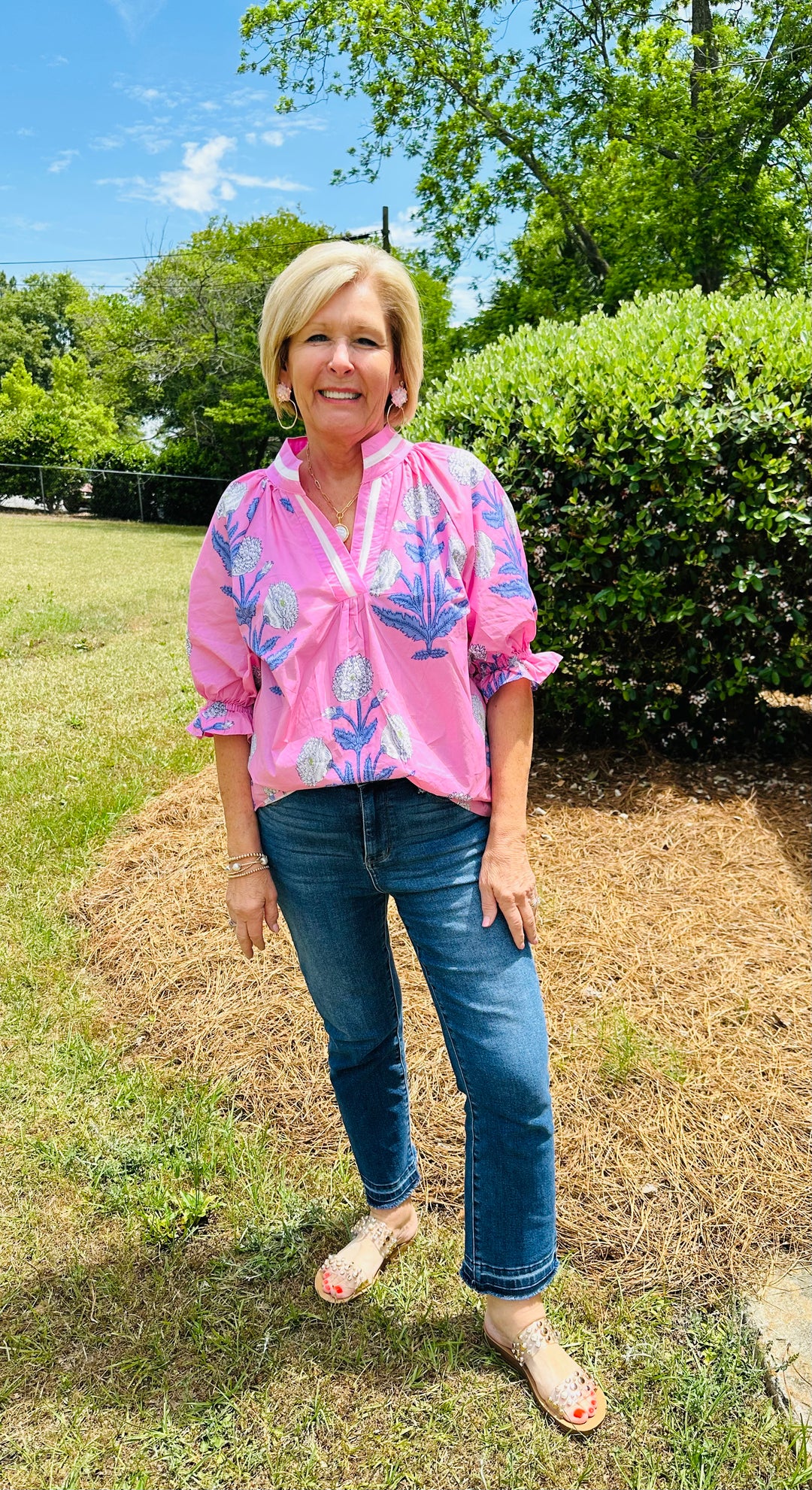 Collared V Neck Top- Pink Mix