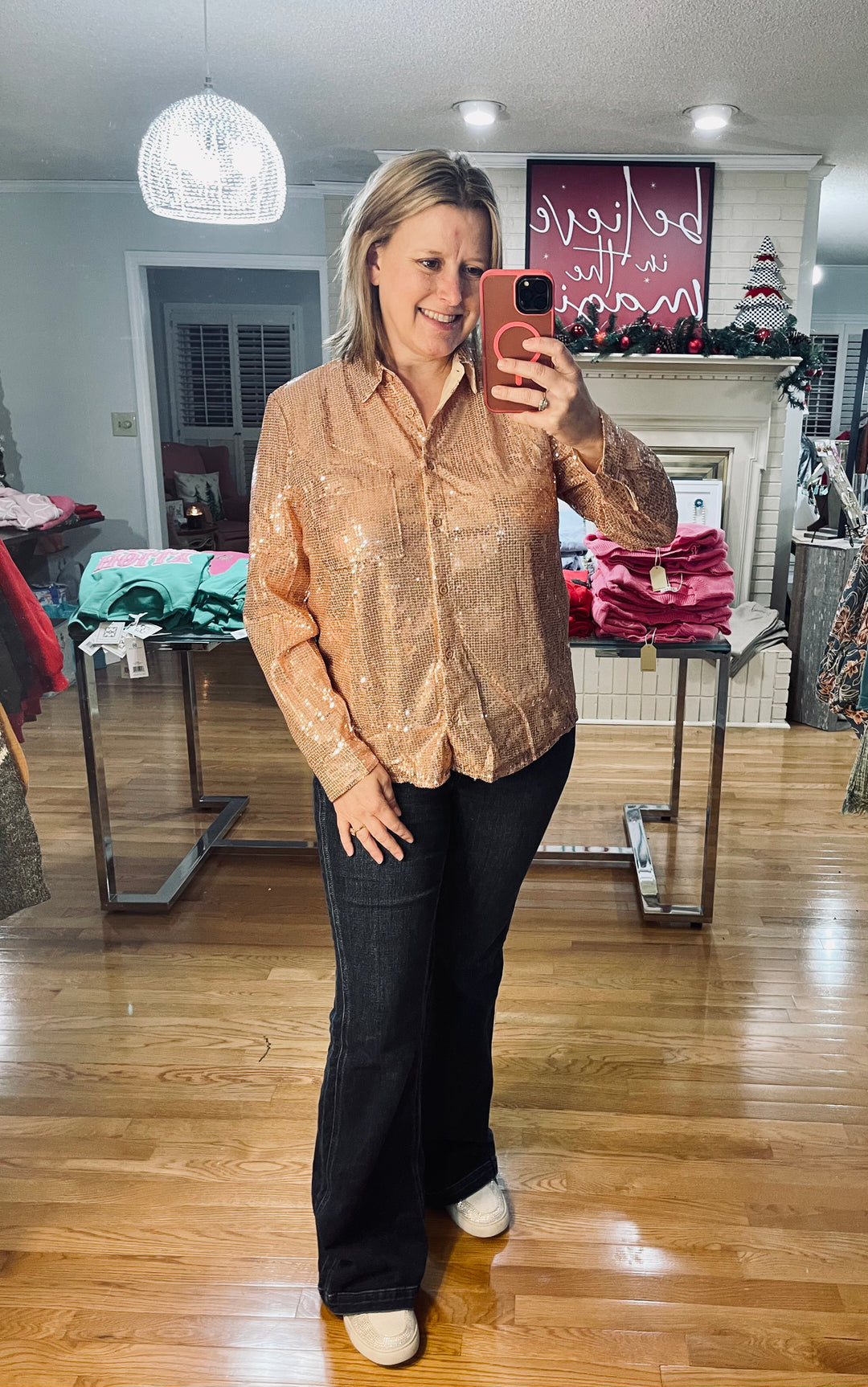 Champagne Sequin Long Sleeve Collared shirt