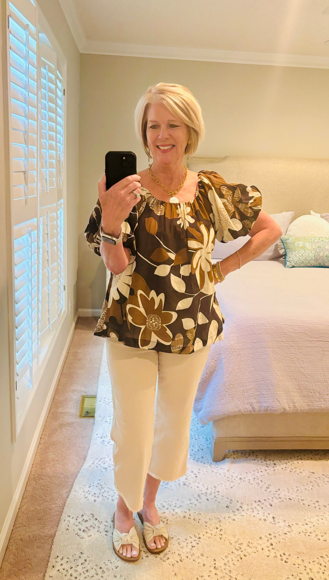 Camel Mix Print Round Neck Top