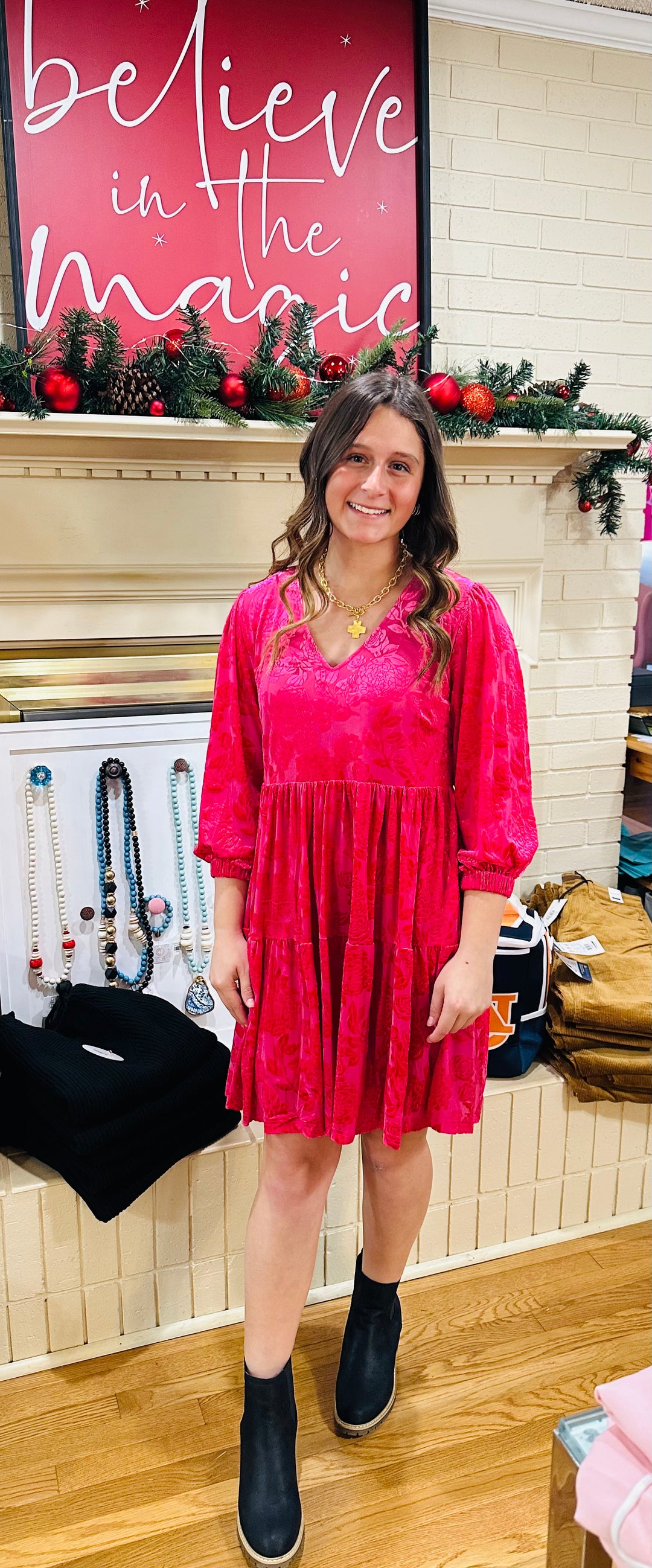 Magenta Velvet Floral Dress