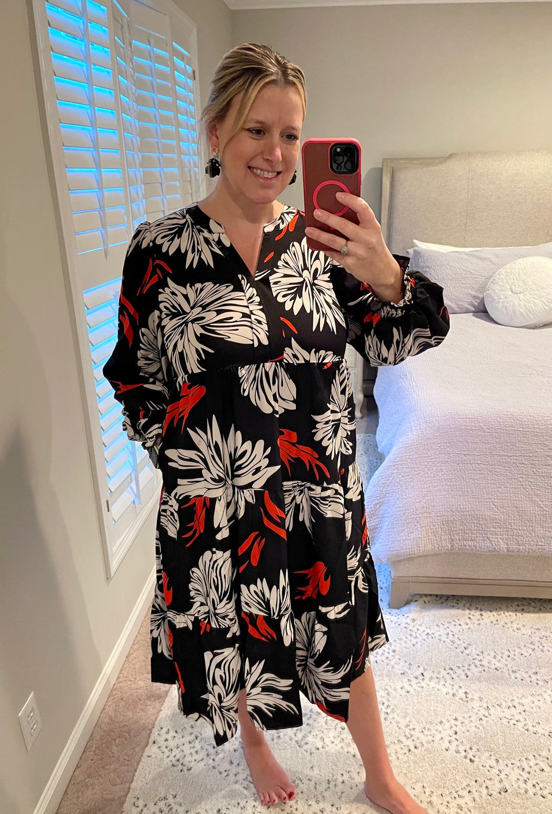 Black dress with red and white print