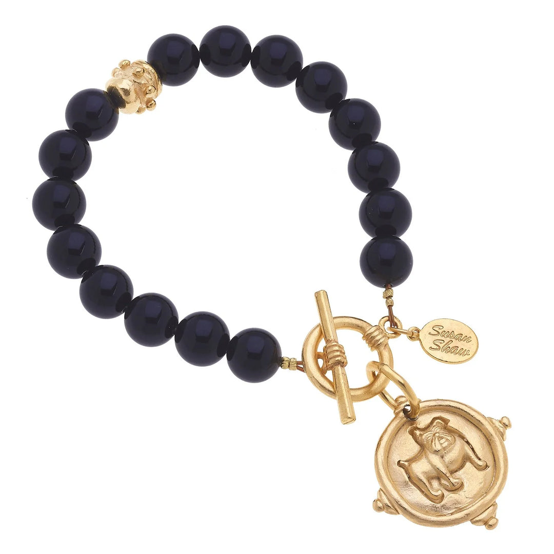 Gold Bulldog with Black Beads Bracelet