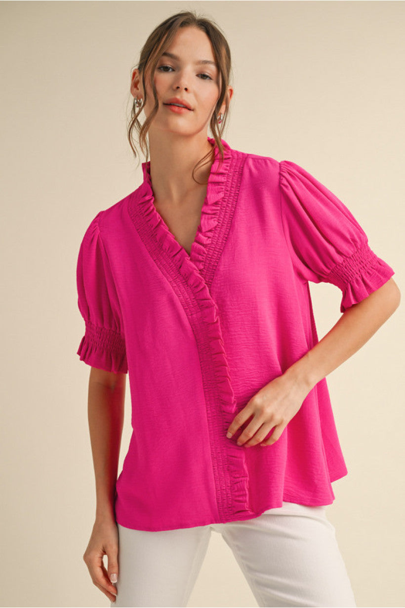 Solid Smocking Top- Hot Pink