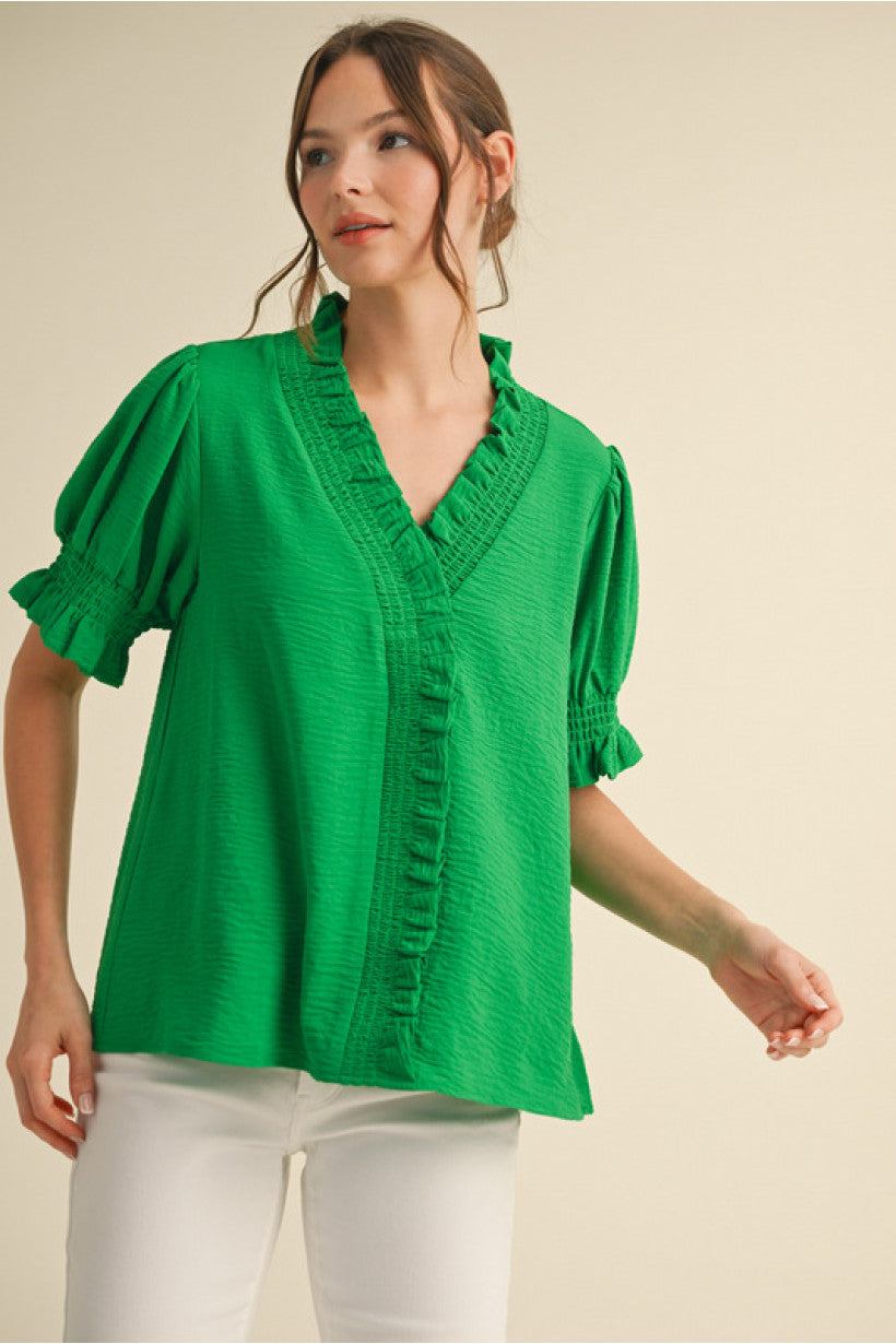 Solid Smocking Top- Green