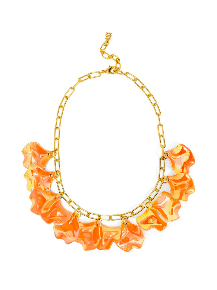 Iridescent Petal Cluster Collar Necklace Jewelry- Bright Orange
