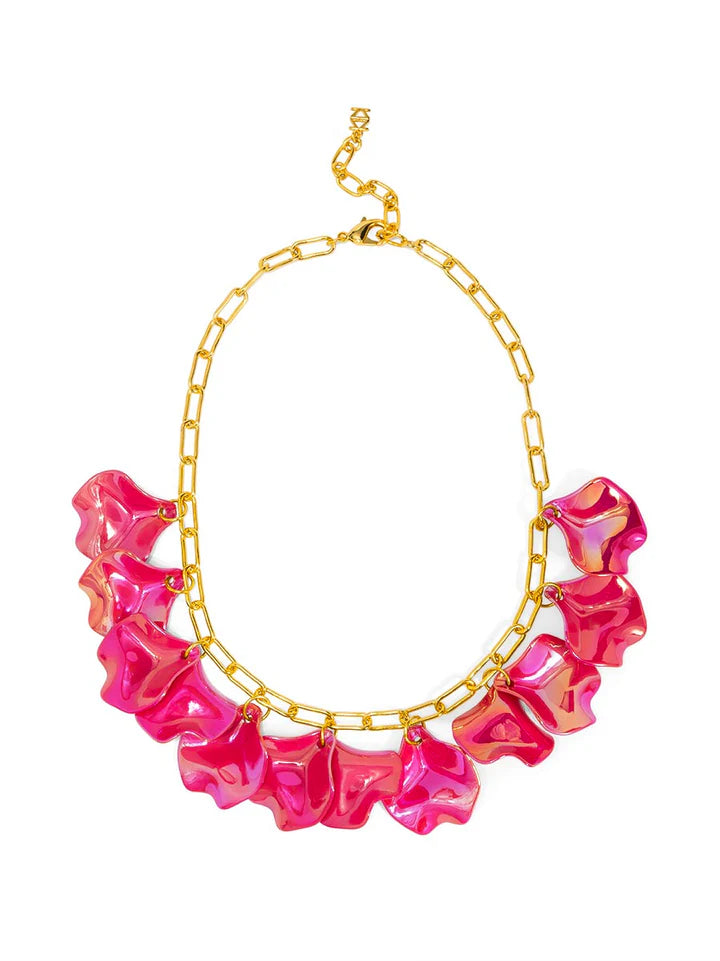 Iridescent Petal Cluster Collar Necklace Jewelry- Hot Pink