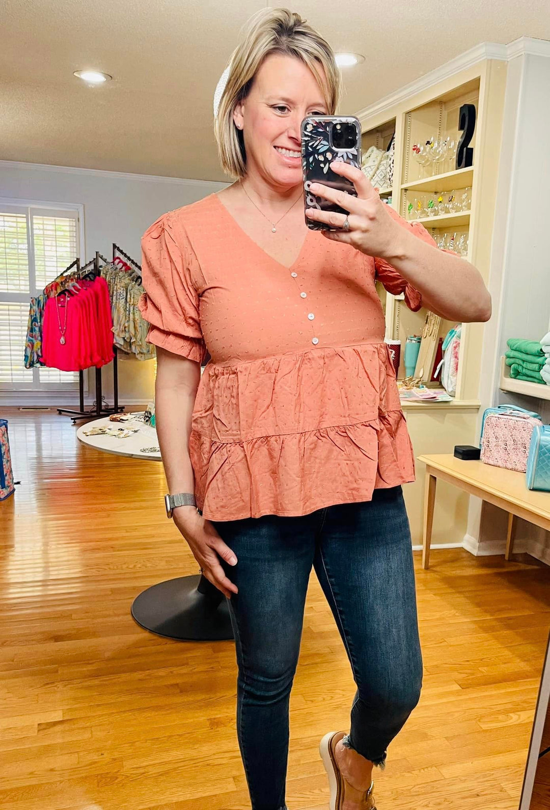 Swiss Dot Tiered Baby doll top- Apricot