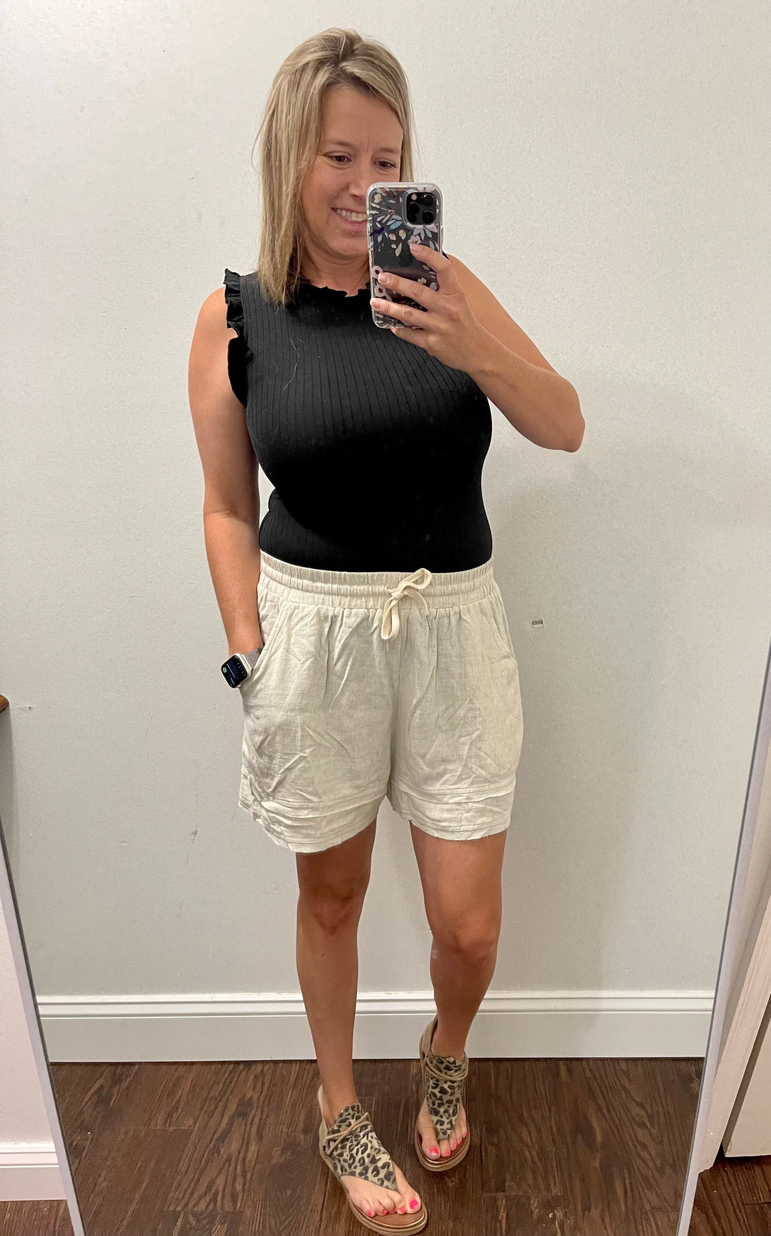 Khaki drawstring linen shorts