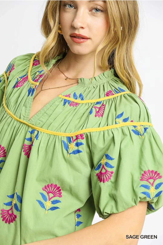 Meadow Bloom Embroidered Top- Sage