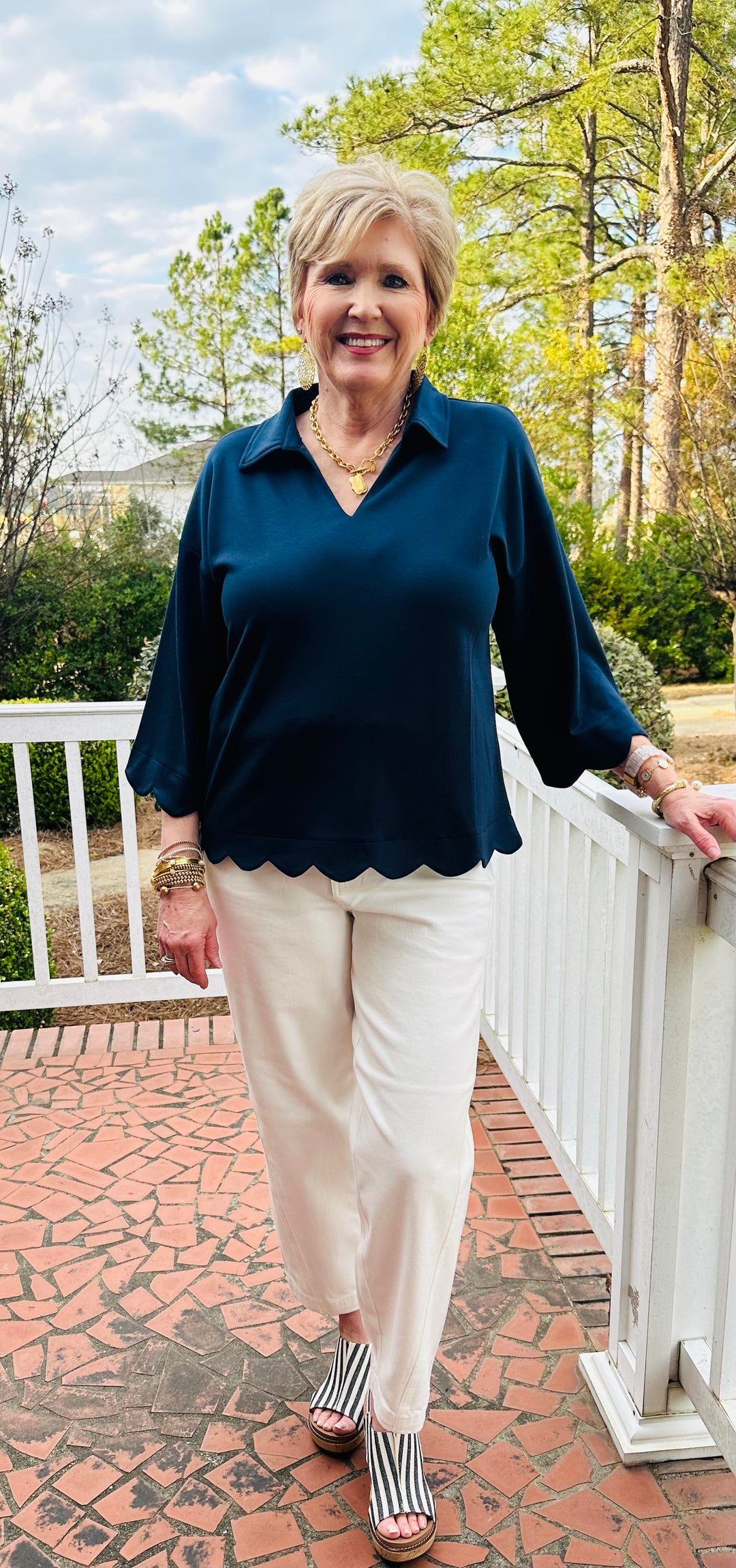 Sweetly Scalloped V-Neck Top- Navy