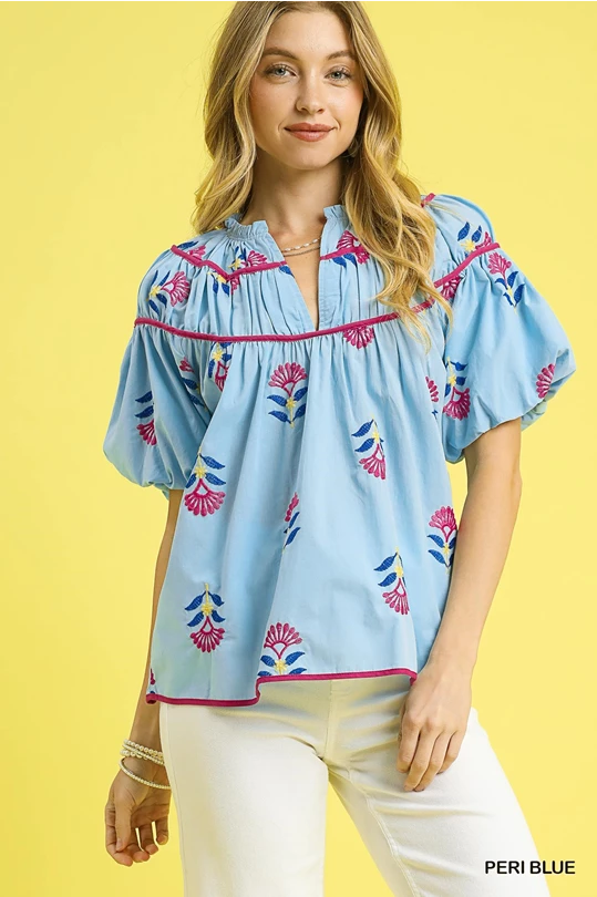 Meadow Bloom Embroidered Top- Blue