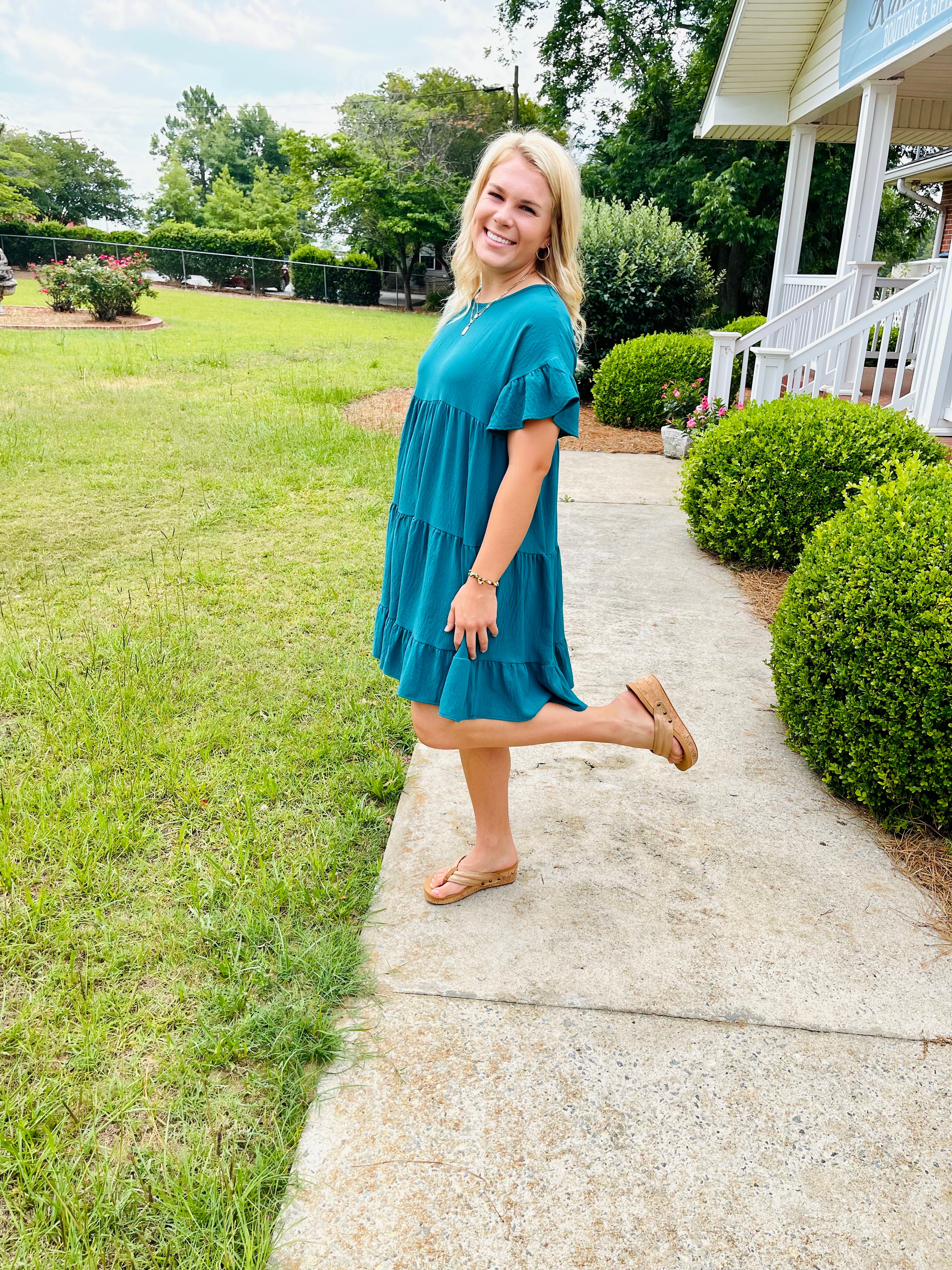 Boat Neck Ruffle Babydoll dress- teal