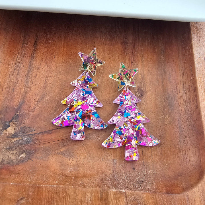 Christmas Tree Earrings - Light Pink Sparkle // Holiday