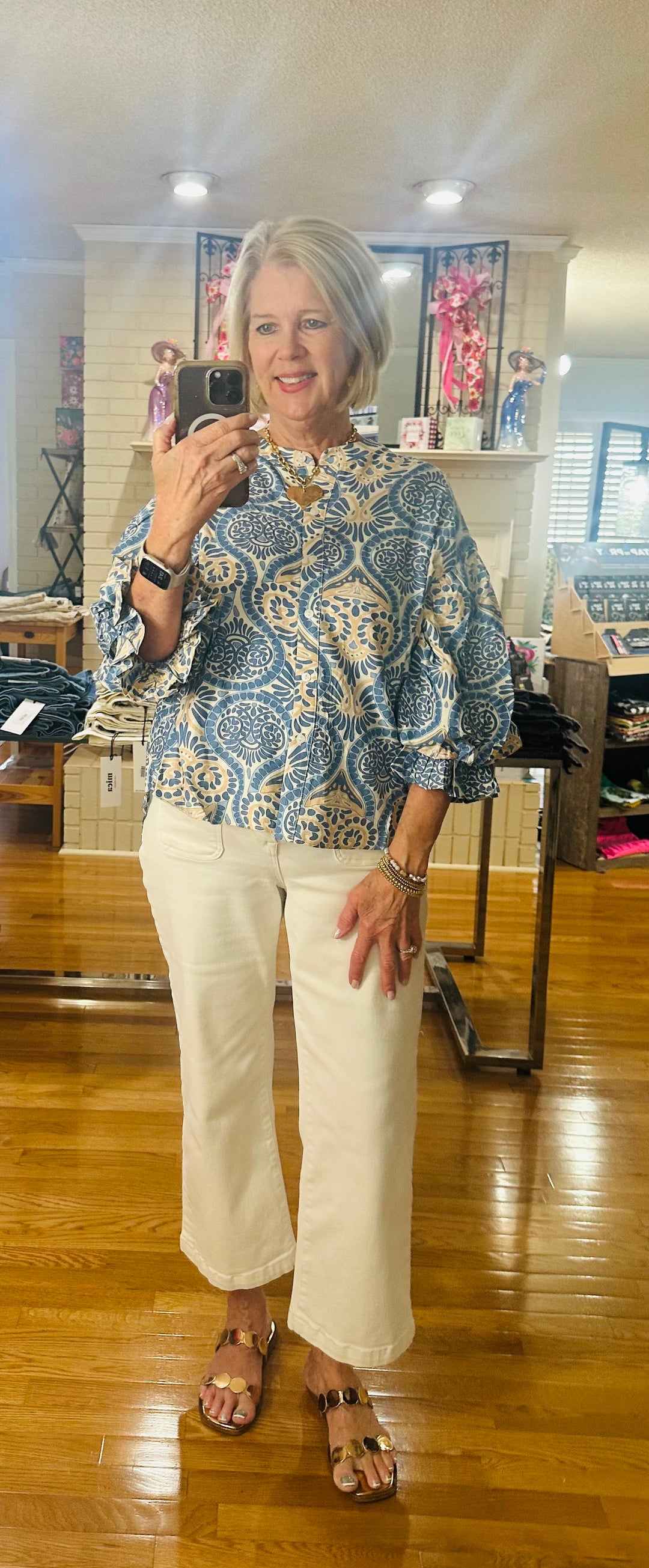 Blue Damask Ruffle Blouse