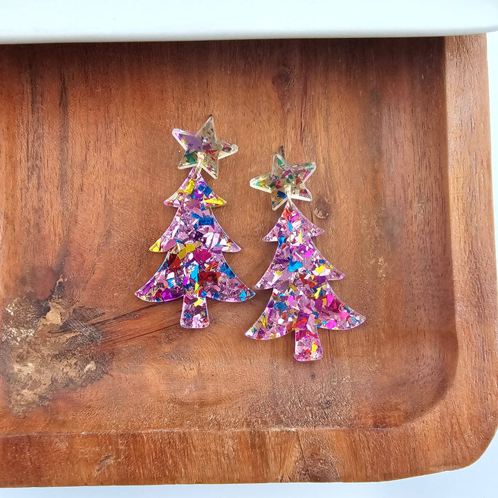 Christmas Tree Earrings - Light Pink Sparkle // Holiday