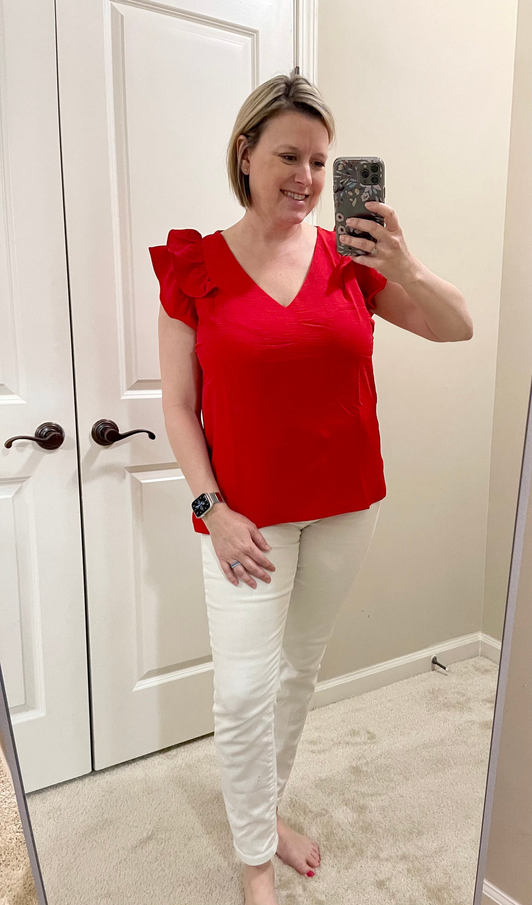 V neck sleeveless top with ruffle -red