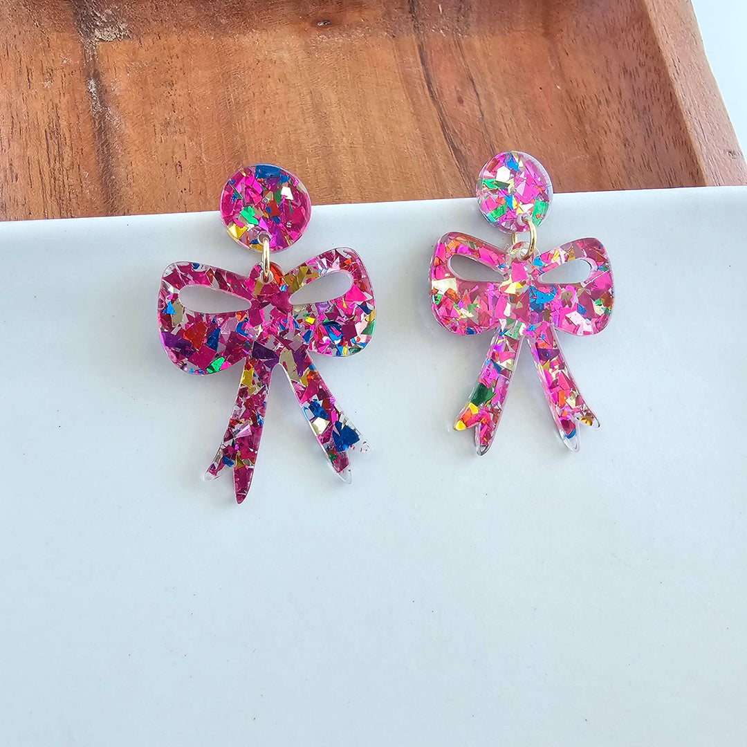 Bow Earrings - Pink Sparkle // Christmas, Holiday