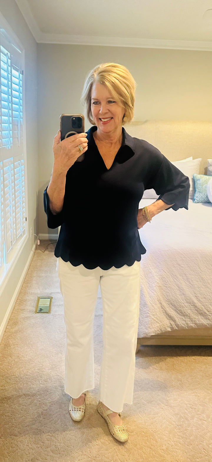 Sweetly Scalloped V-Neck Top- Navy