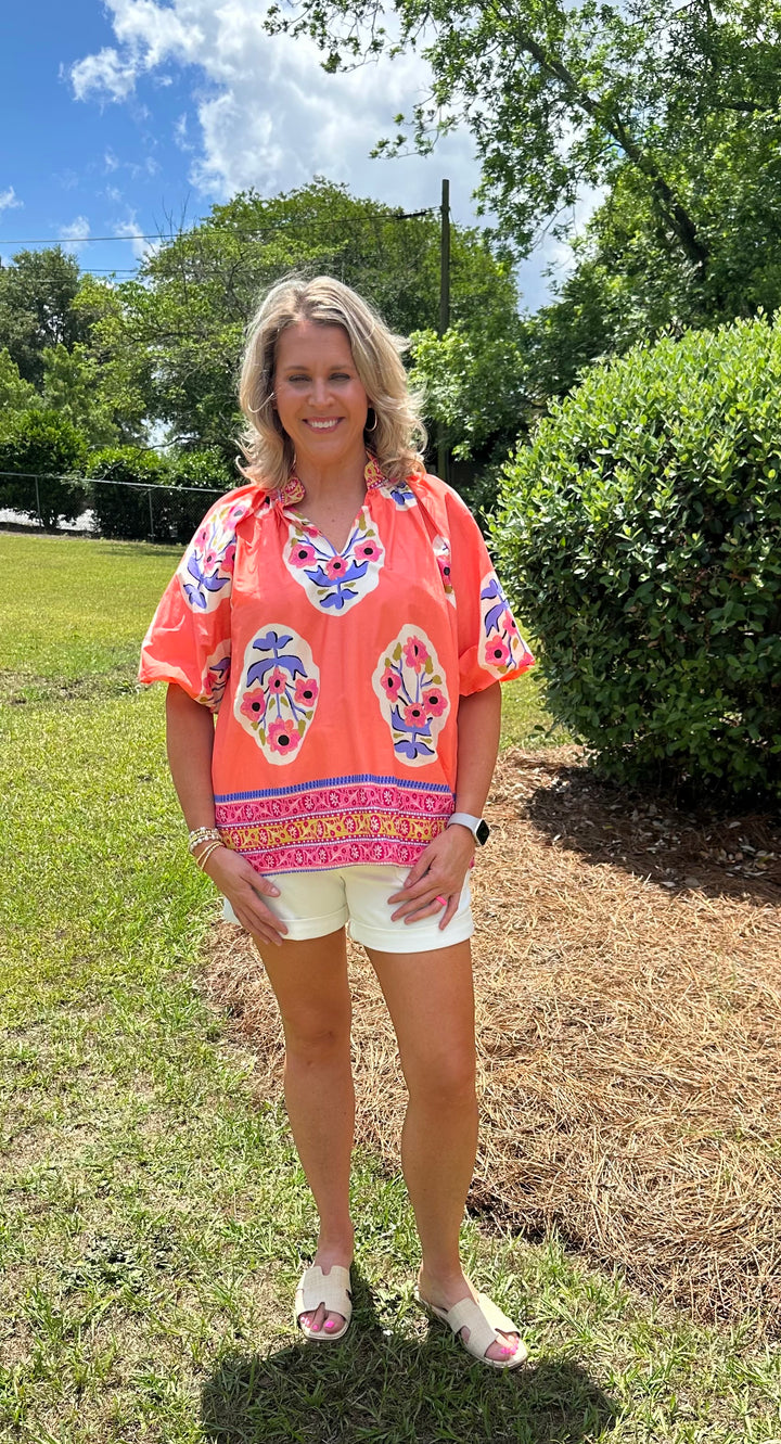 Coral Floral Boho Top- Plus