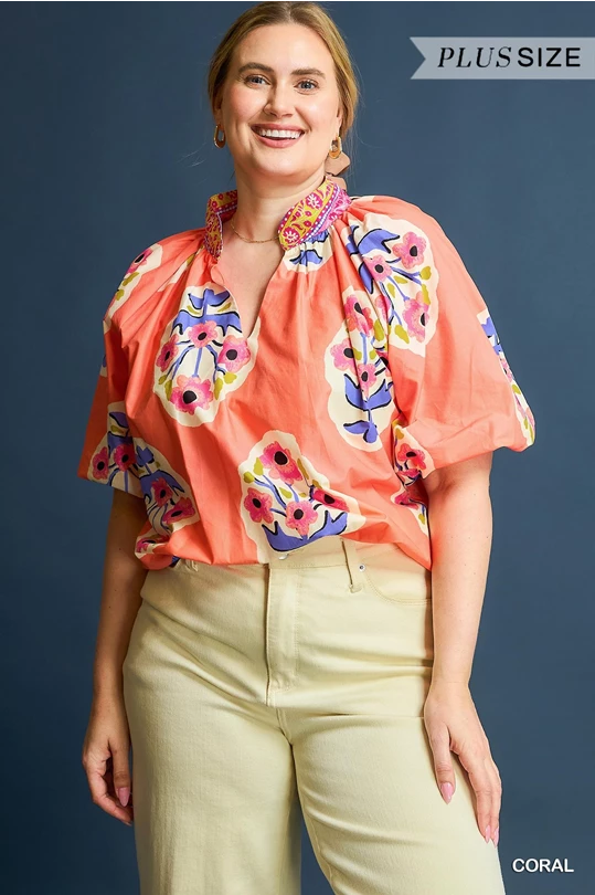 Coral Floral Boho Top- Plus
