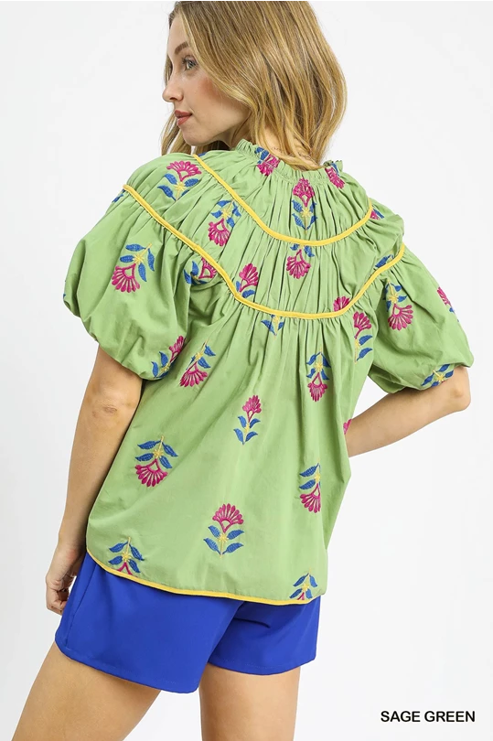 Meadow Bloom Embroidered Top- Sage