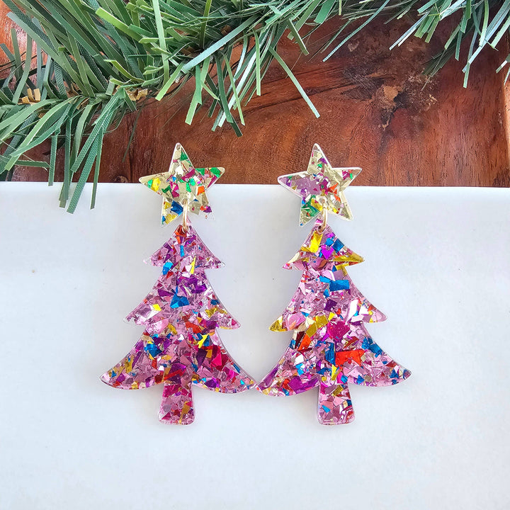 Christmas Tree Earrings - Light Pink Sparkle // Holiday