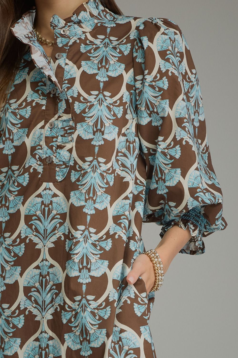 Printed Ruffle Collar Midi Dress- Brown