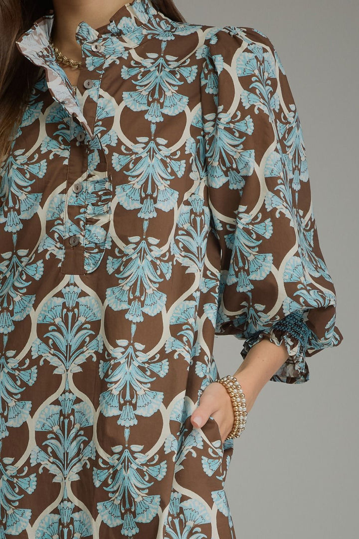 Printed Ruffle Collar Midi Dress- Brown