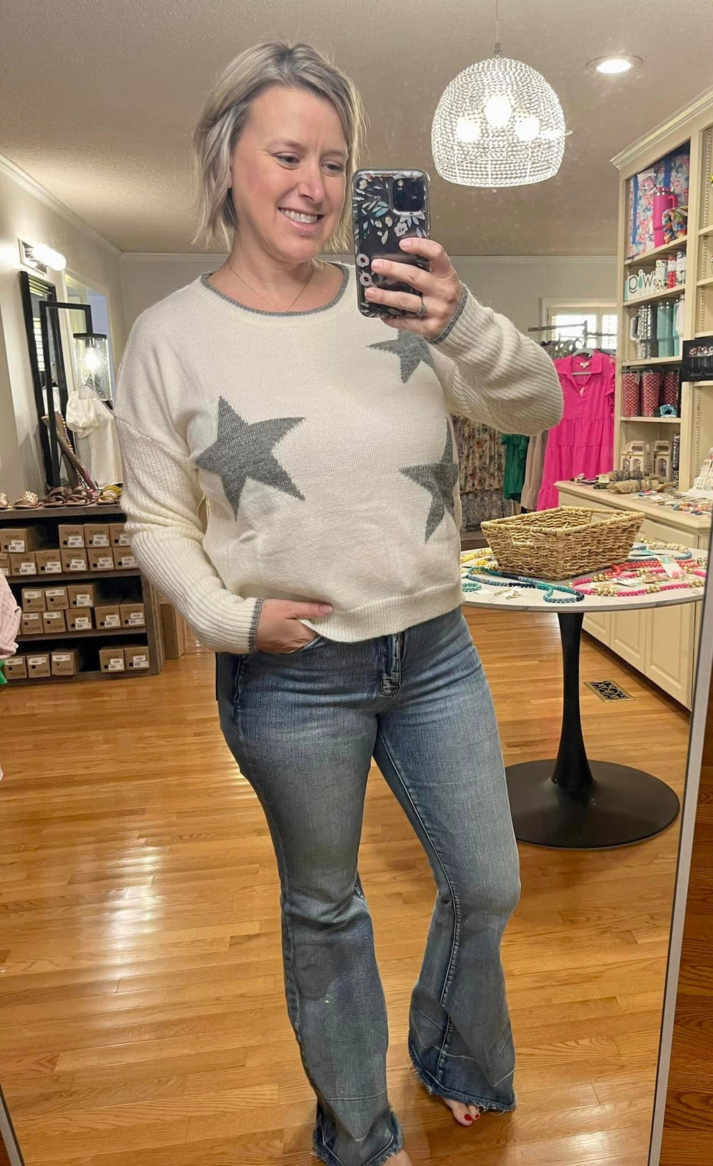 Grey and White Star Print Top