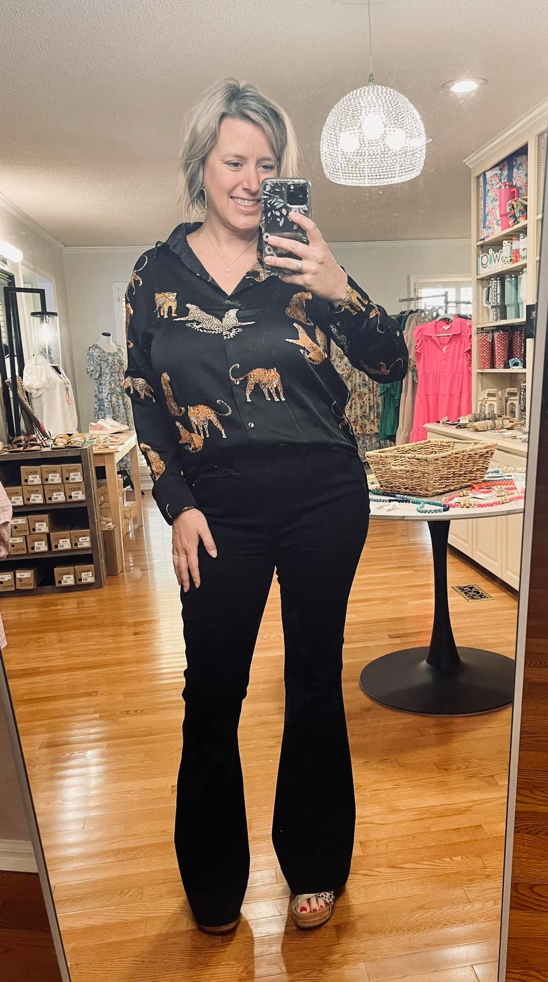 Black button down top with animals