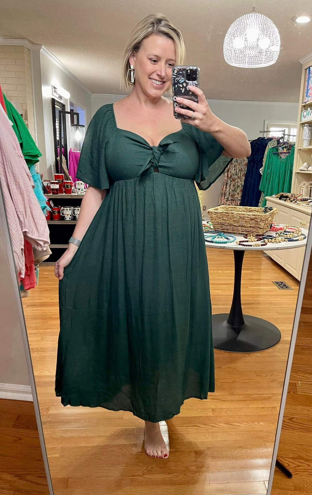 Front Bow Flare Sleeve dress- Hunter Green