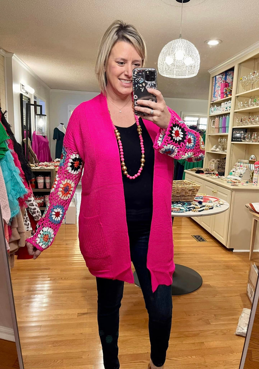 Crochet Sleeve Cardigan- Pink
