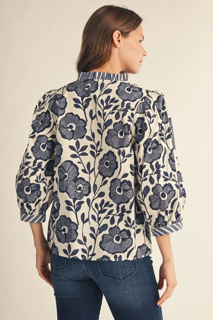 Navy Garden Stripe-Trim Top