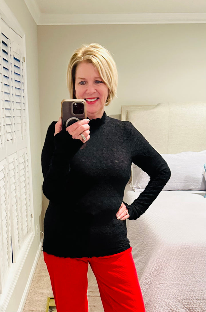Lace Mock Neck Thumbhole Top- Black