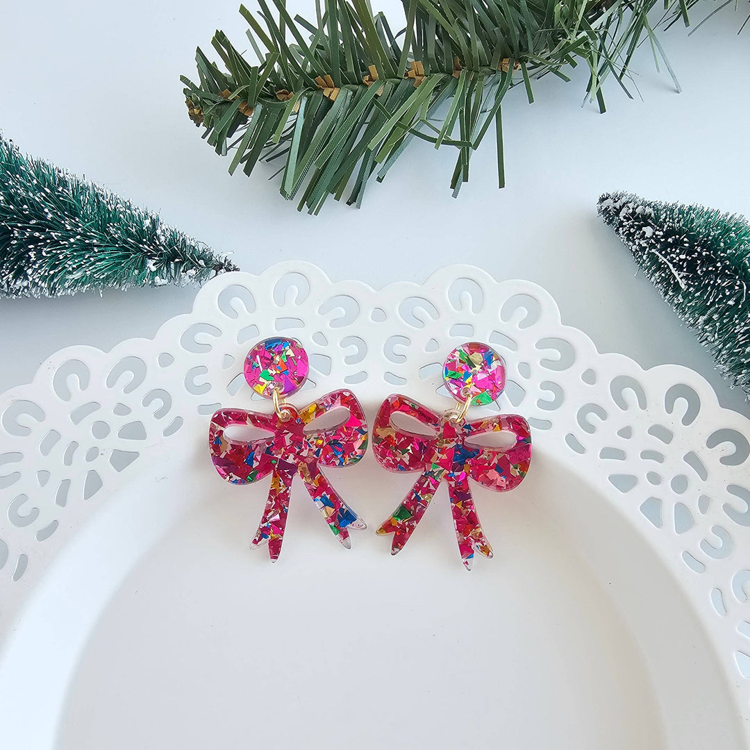 Bow Earrings - Pink Sparkle // Christmas, Holiday