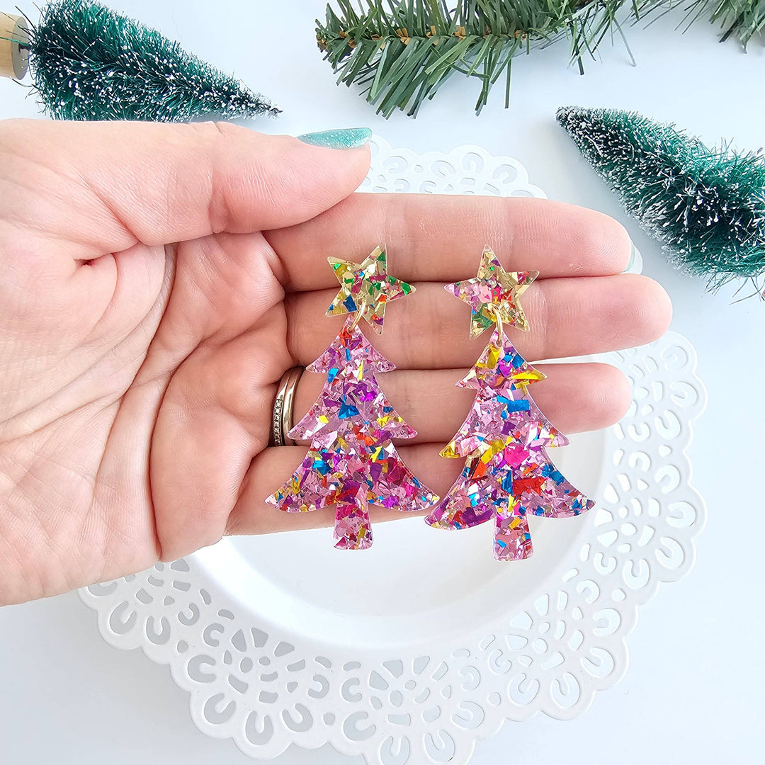 Christmas Tree Earrings - Light Pink Sparkle // Holiday