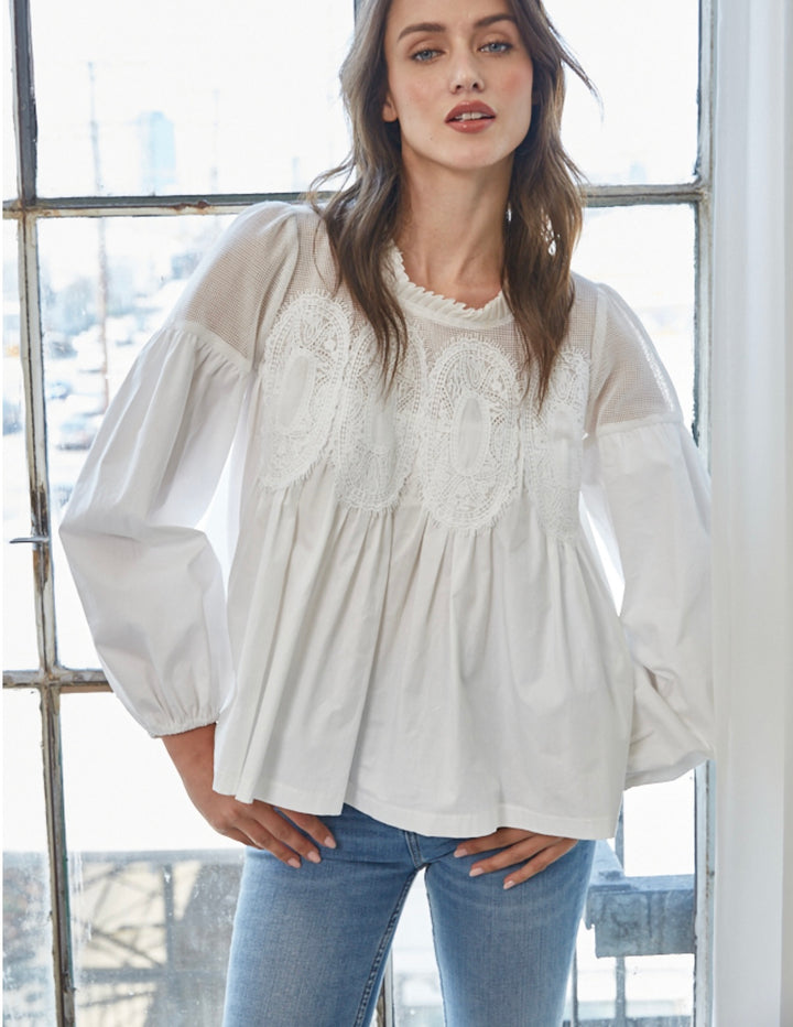 The Eloise – Lace Appliqué Mixed Media Blouse