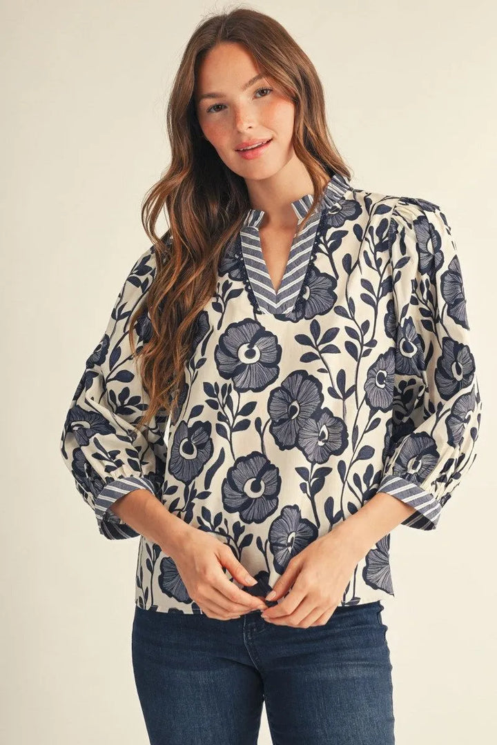 Navy Garden Stripe-Trim Top