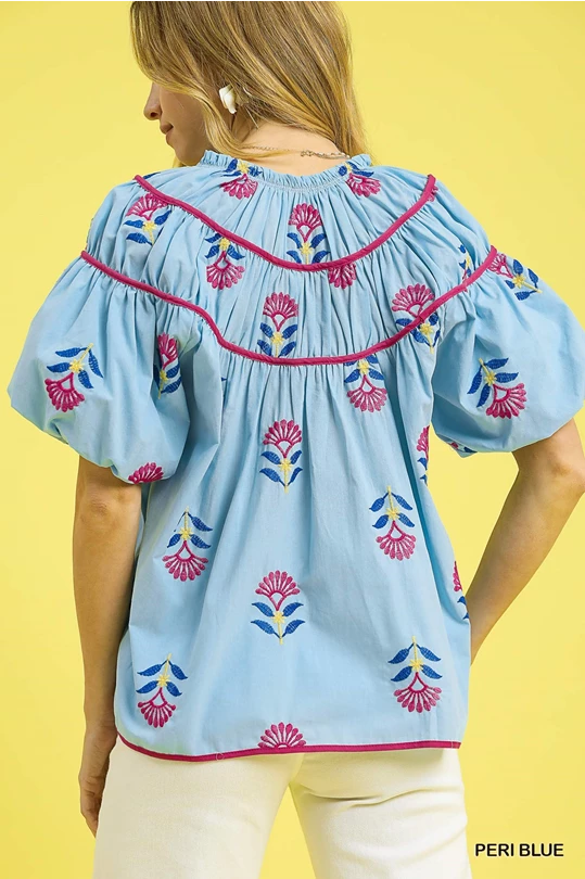 Meadow Bloom Embroidered Top- Blue