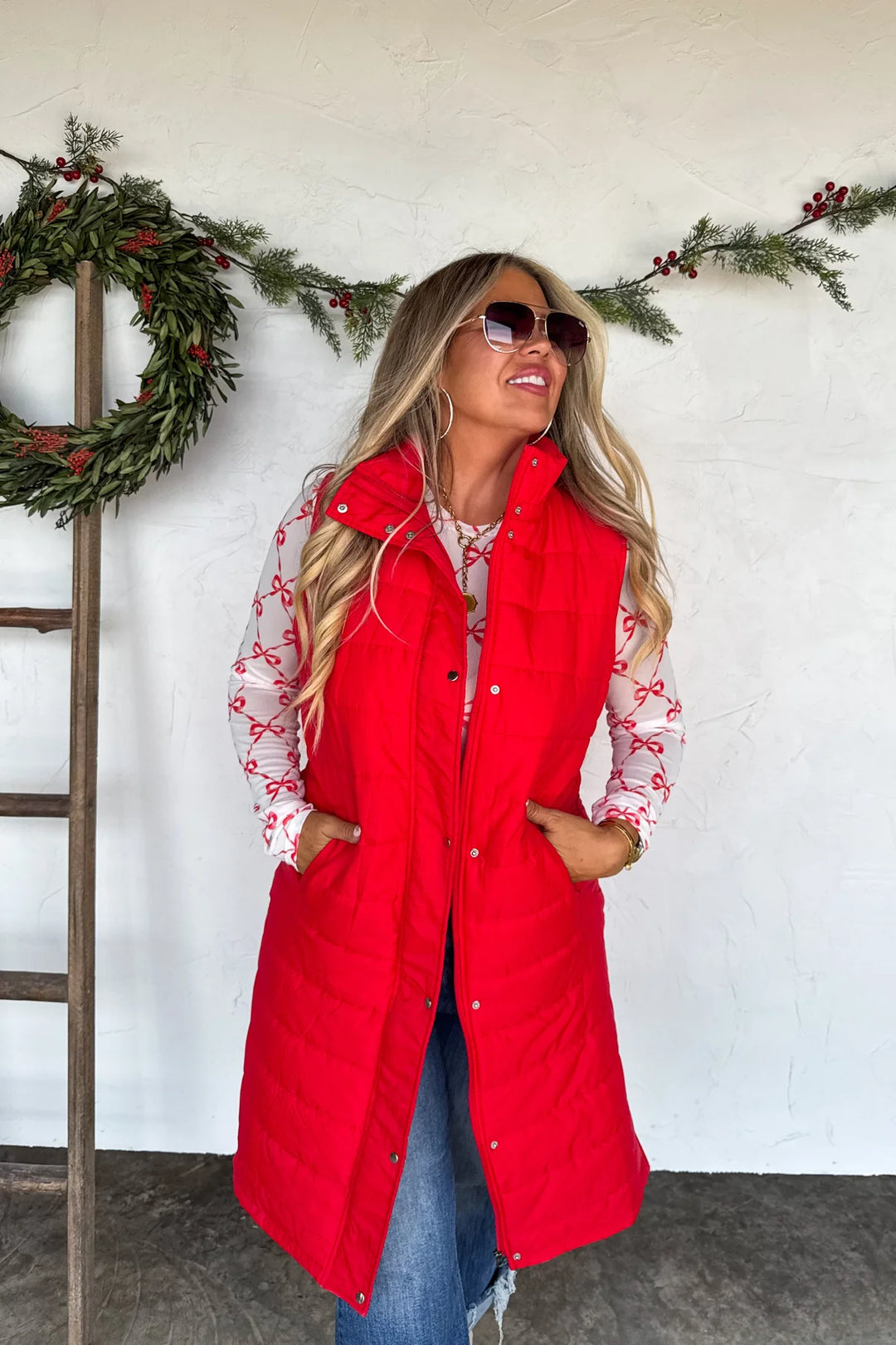 KENDALL LONG PUFFER VEST- RED