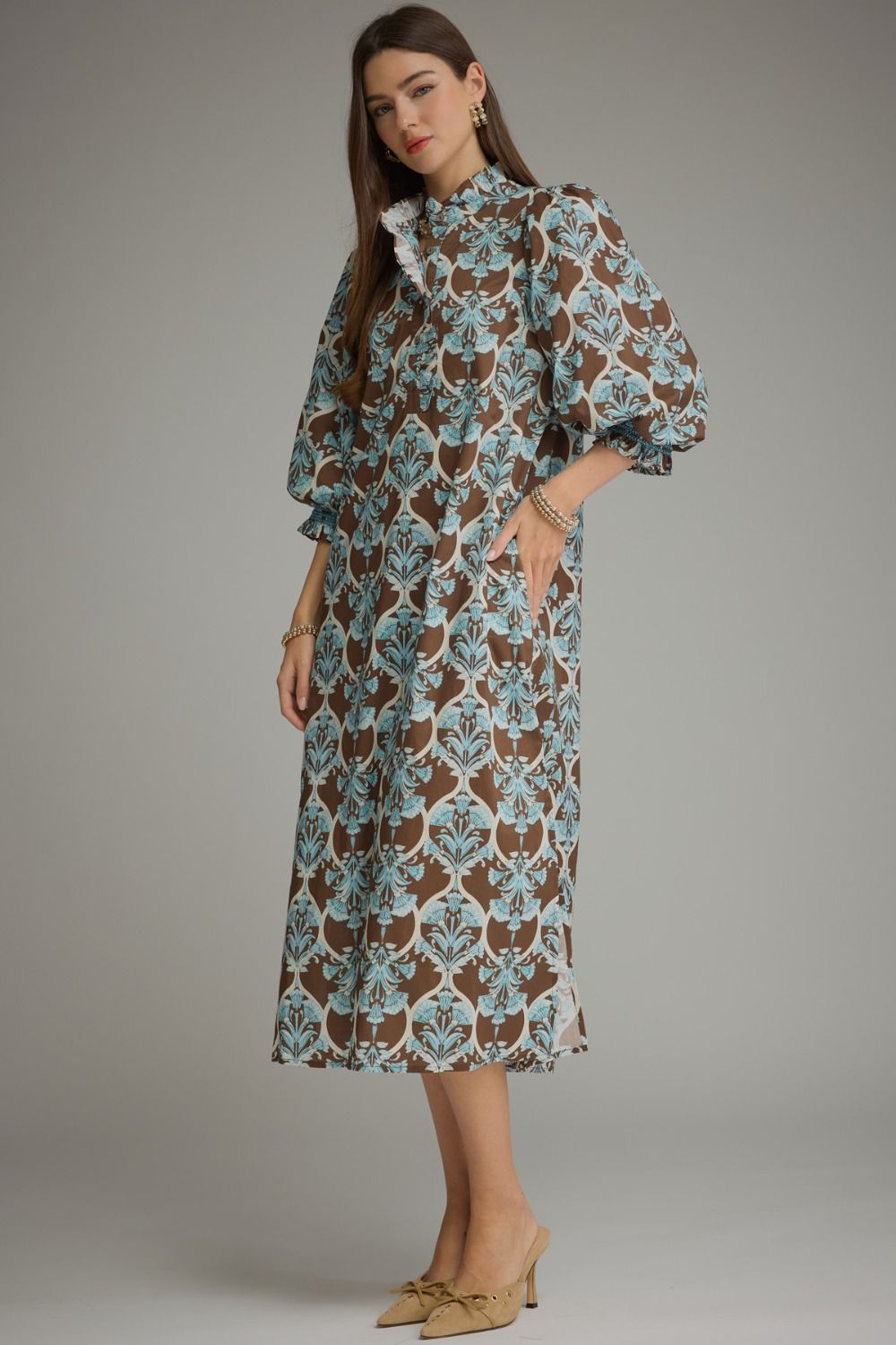 Printed Ruffle Collar Midi Dress- Brown